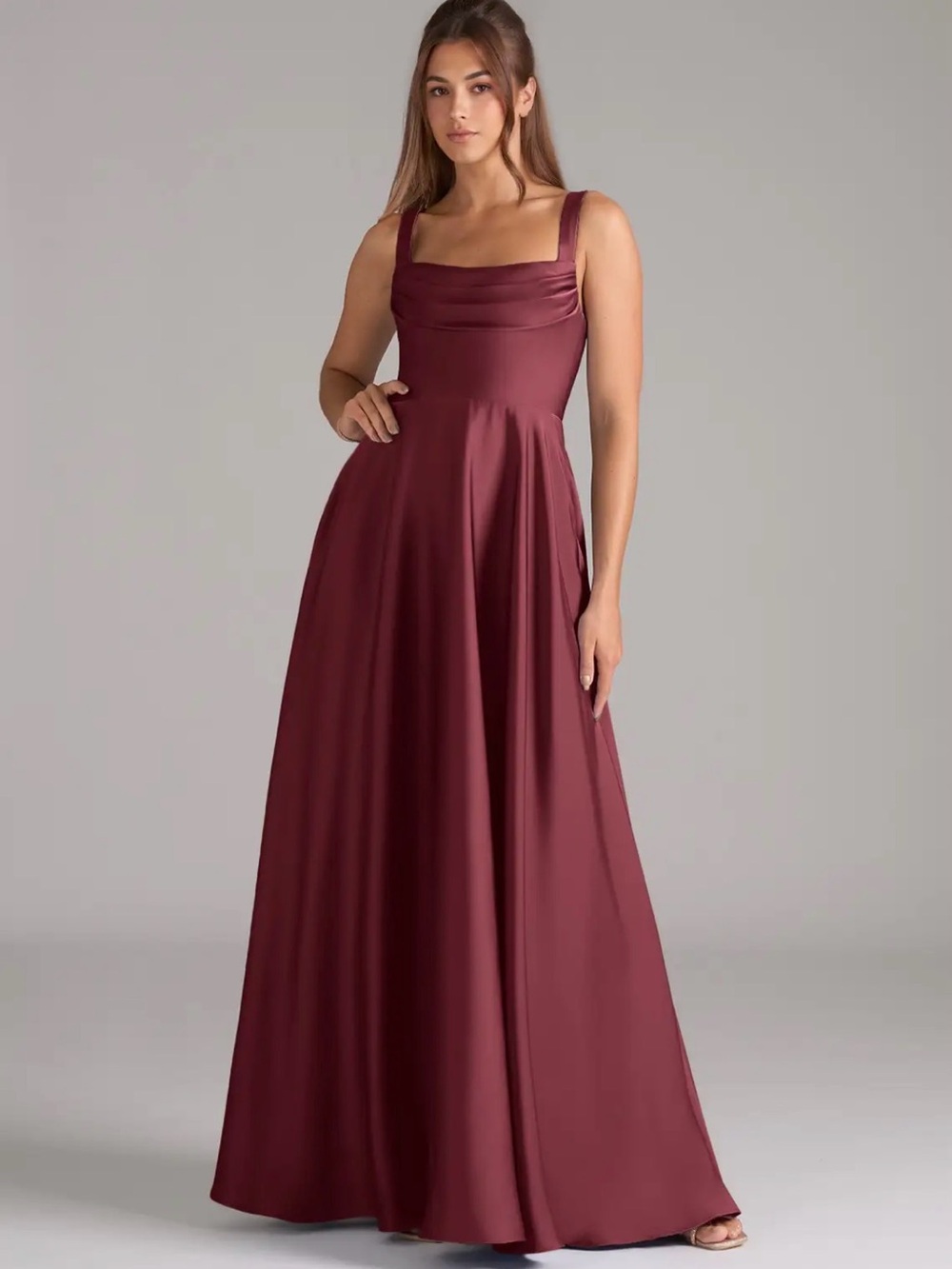 Azazie Burgundy Satin Square-Neck Maxi Dress